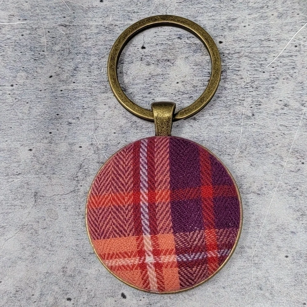 New Handmade | Peach Purple Plaid Fabric Button Keychain